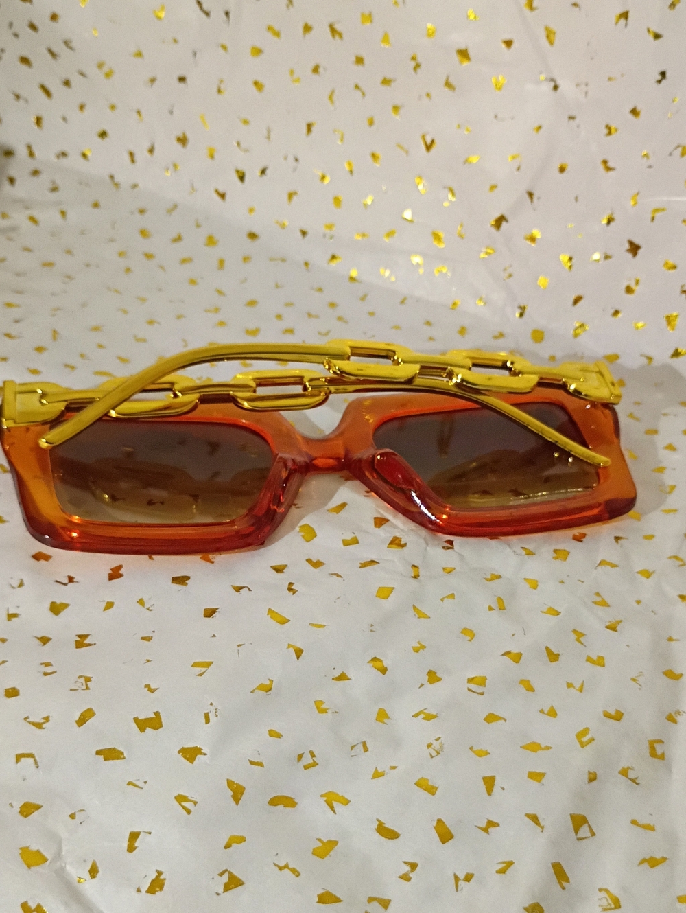 & Other Stories Orange Rectangular Sunglasses with Gold Chain Detail